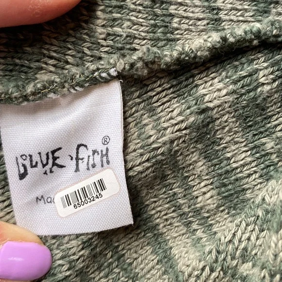 Blue Fish hand painted cotton linen blend green roll neck sweater One Size EUC